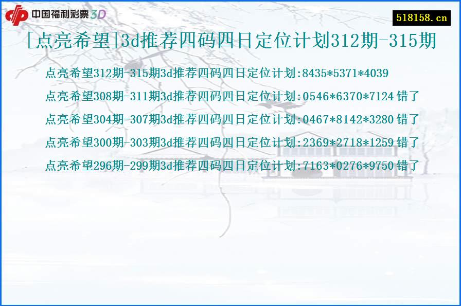 [点亮希望]3d推荐四码四日定位计划312期-315期