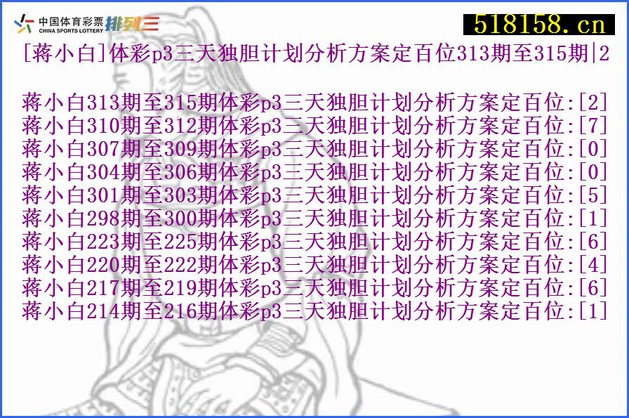 [蒋小白]体彩p3三天独胆计划分析方案定百位313期至315期|2