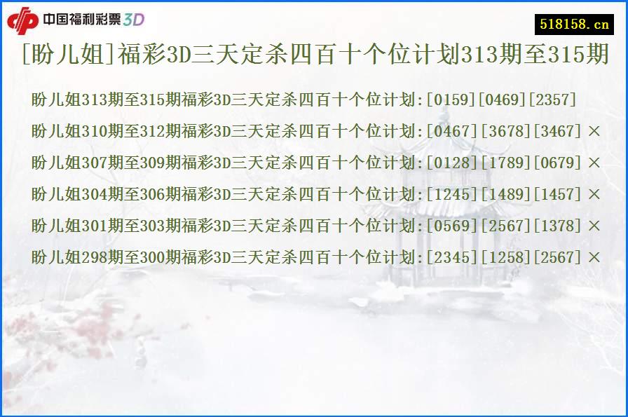 [盼儿姐]福彩3D三天定杀四百十个位计划313期至315期
