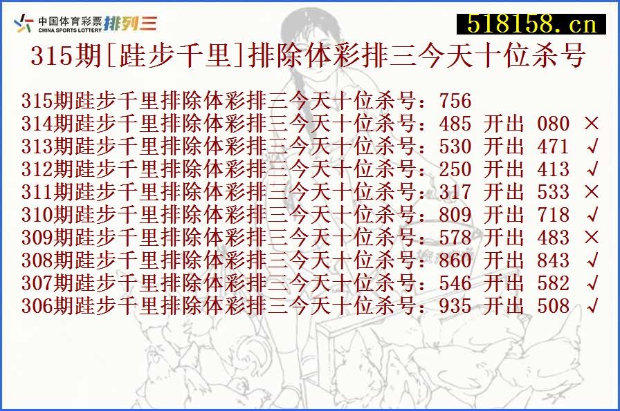 315期[跬步千里]排除体彩排三今天十位杀号