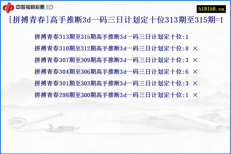 [拼搏青春]高手推断3d一码三日计划定十位313期至315期=1