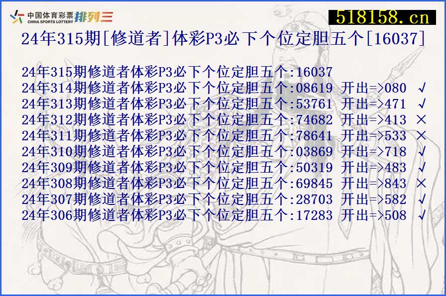 24年315期[修道者]体彩P3必下个位定胆五个[16037]