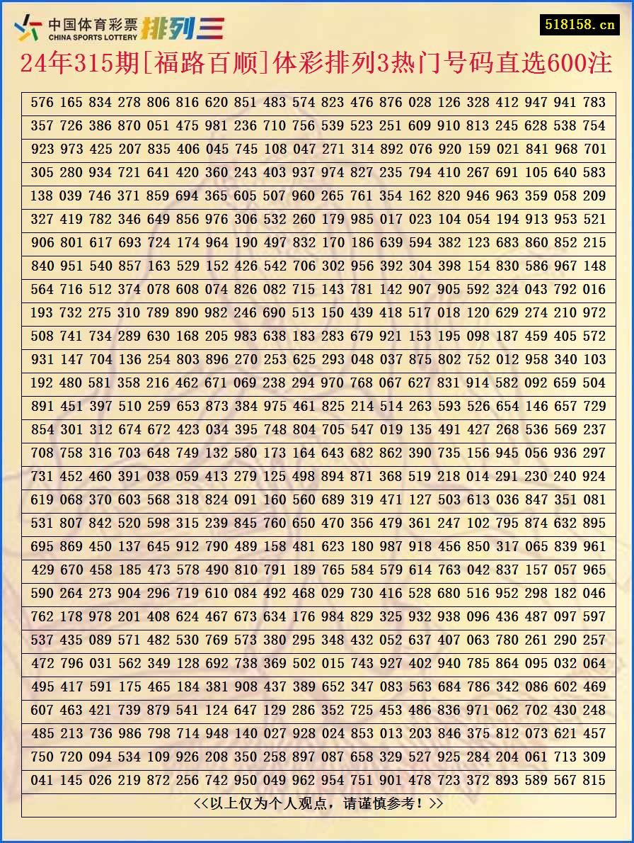 24年315期[福路百顺]体彩排列3热门号码直选600注