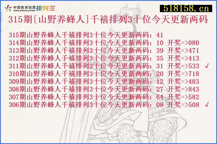 315期[山野养蜂人]千禧排列3十位今天更新两码