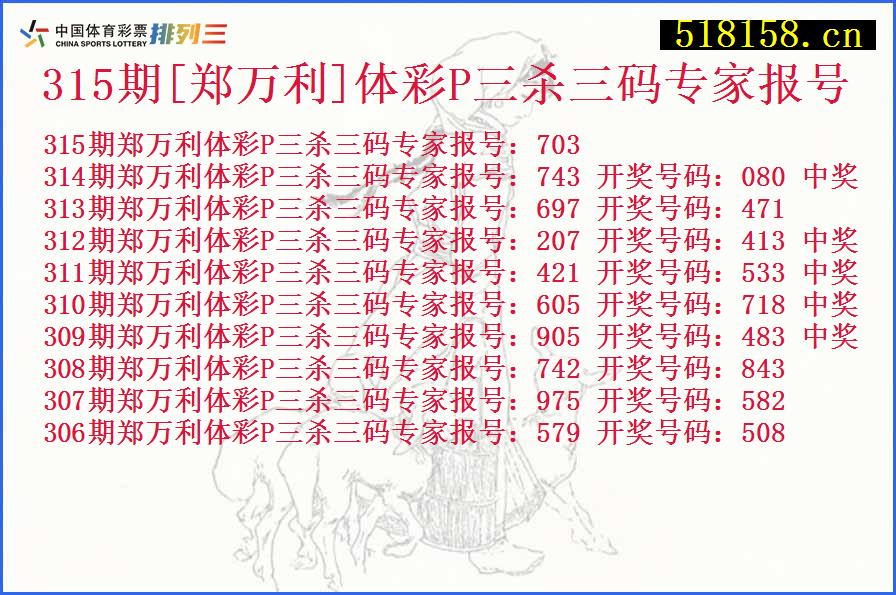 315期[郑万利]体彩P三杀三码专家报号