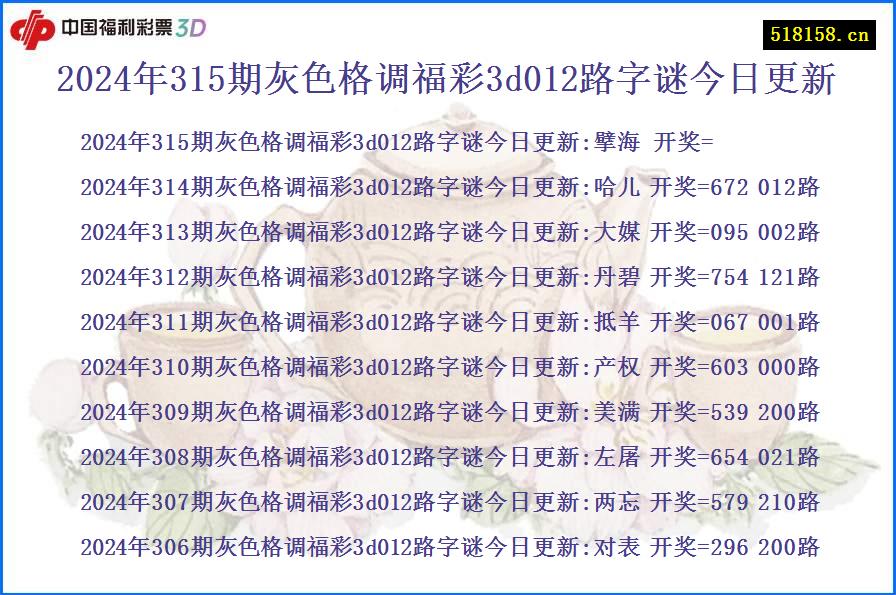 2024年315期灰色格调福彩3d012路字谜今日更新