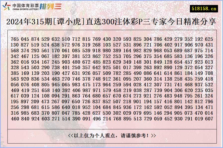 2024年315期[谭小虎]直选300注体彩P三专家今日精准分享