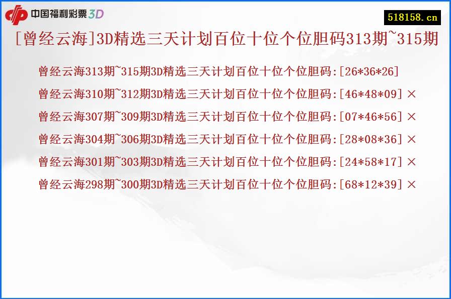 [曾经云海]3D精选三天计划百位十位个位胆码313期~315期