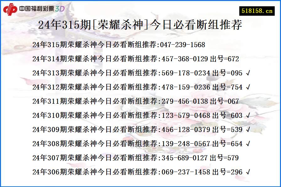 24年315期[荣耀杀神]今日必看断组推荐