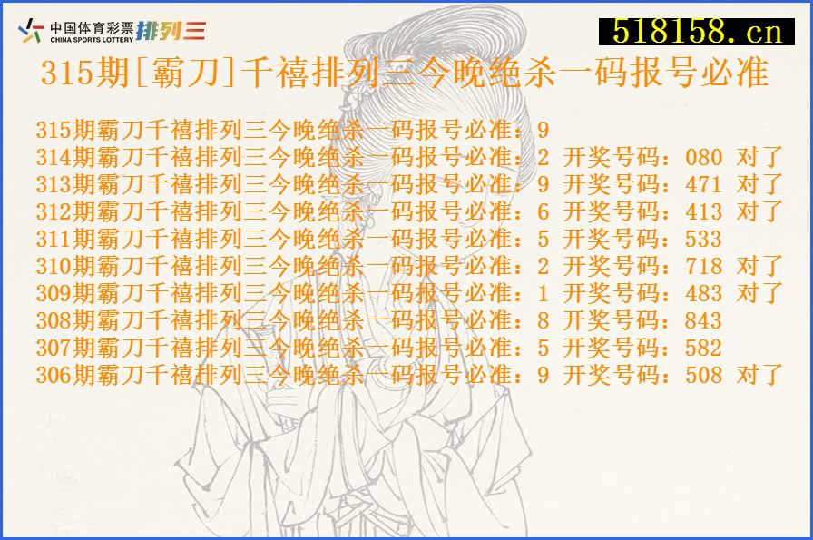 315期[霸刀]千禧排列三今晚绝杀一码报号必准