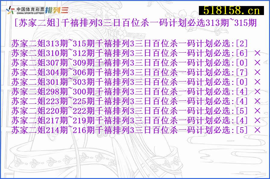 [苏家二姐]千禧排列3三日百位杀一码计划必选313期~315期