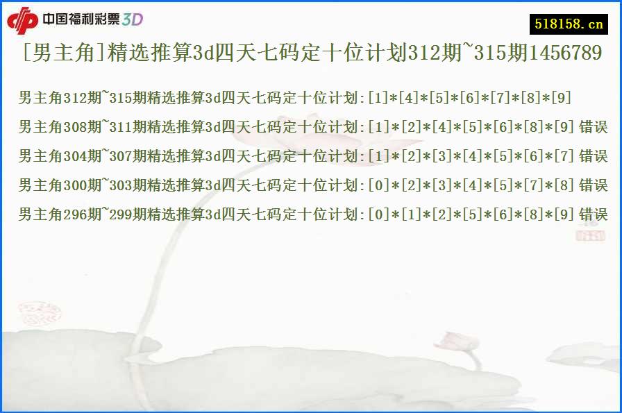 [男主角]精选推算3d四天七码定十位计划312期~315期1456789
