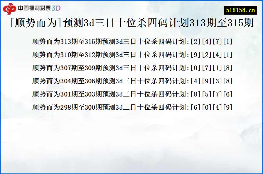 [顺势而为]预测3d三日十位杀四码计划313期至315期