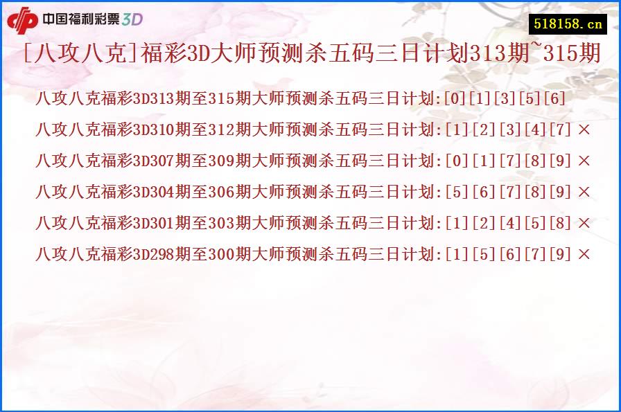 [八攻八克]福彩3D大师预测杀五码三日计划313期~315期