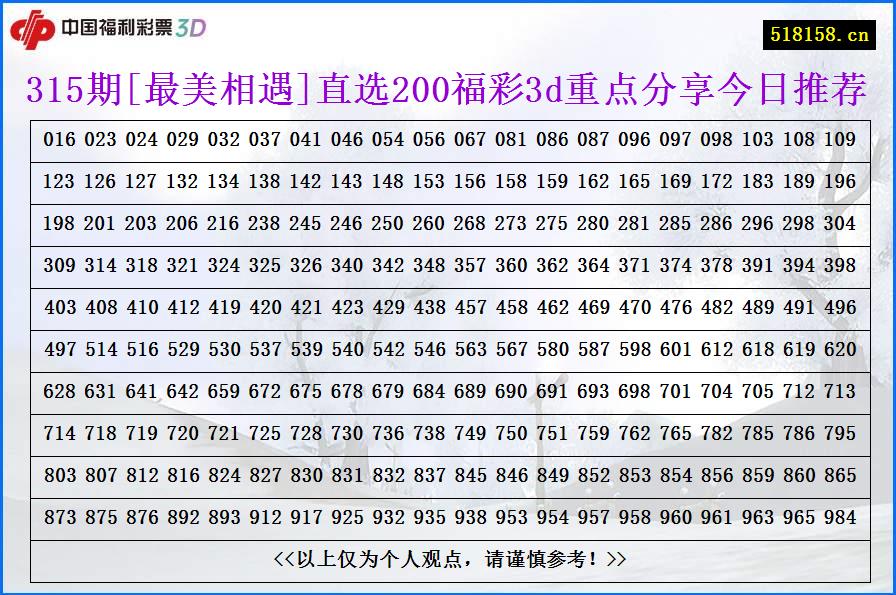 315期[最美相遇]直选200福彩3d重点分享今日推荐