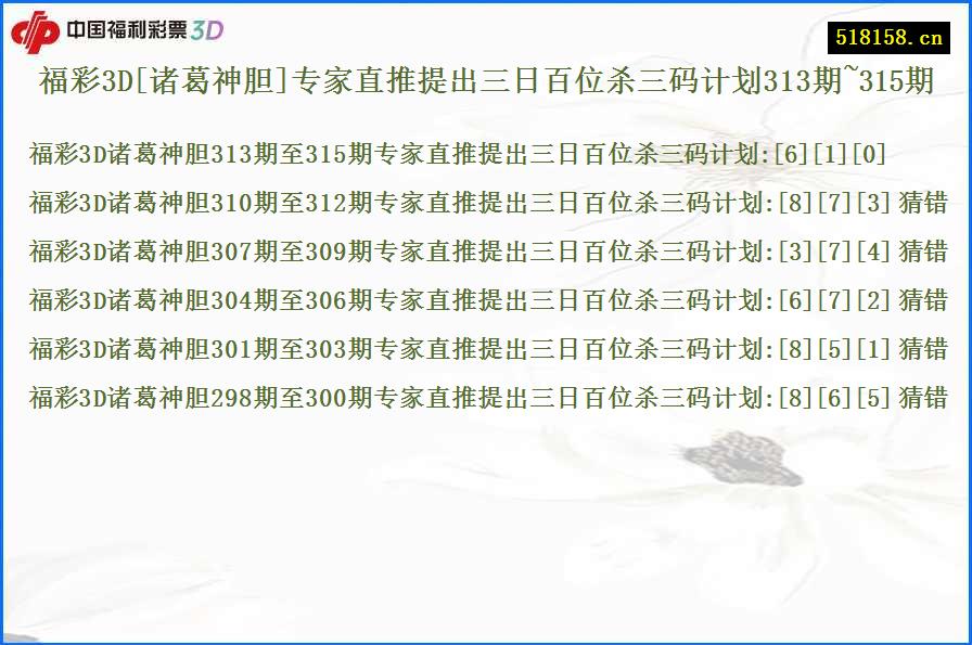 福彩3D[诸葛神胆]专家直推提出三日百位杀三码计划313期~315期