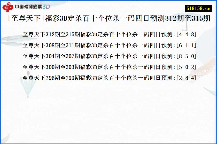 [至尊天下]福彩3D定杀百十个位杀一码四日预测312期至315期