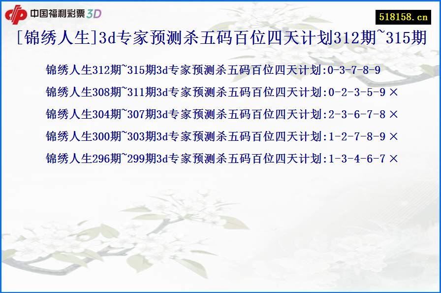 [锦绣人生]3d专家预测杀五码百位四天计划312期~315期