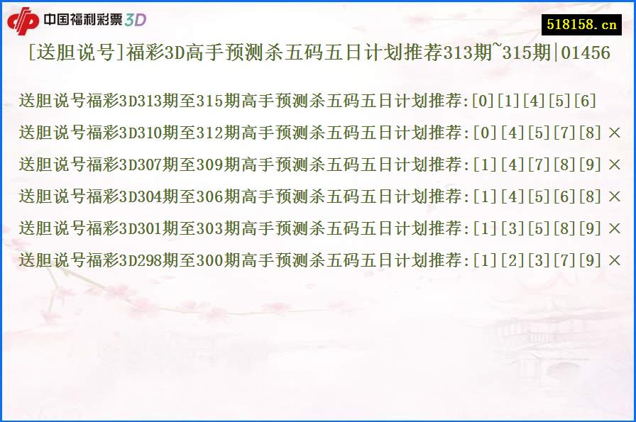 [送胆说号]福彩3D高手预测杀五码五日计划推荐313期~315期|01456