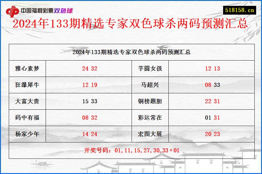 2024年133期精选专家双色球杀两码预测汇总