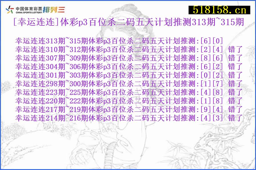 [幸运连连]体彩p3百位杀二码五天计划推测313期~315期