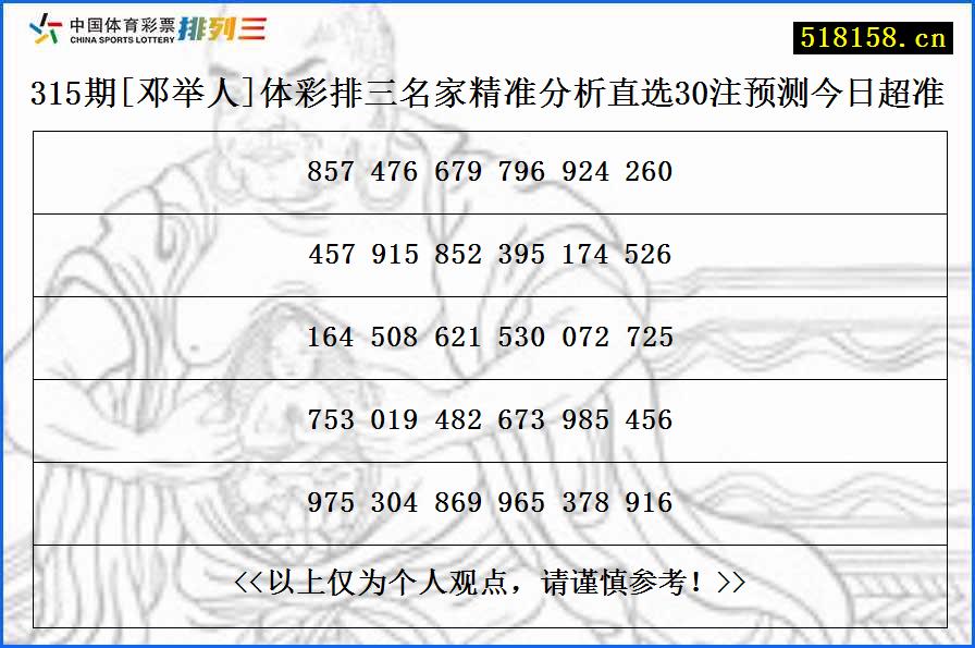 315期[邓举人]体彩排三名家精准分析直选30注预测今日超准