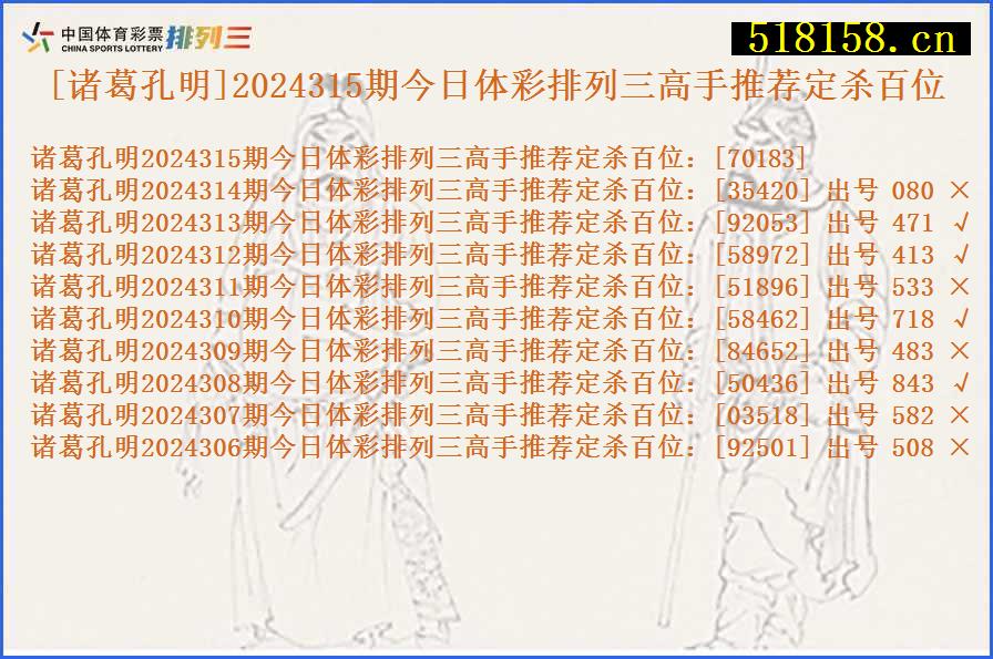 [诸葛孔明]2024315期今日体彩排列三高手推荐定杀百位