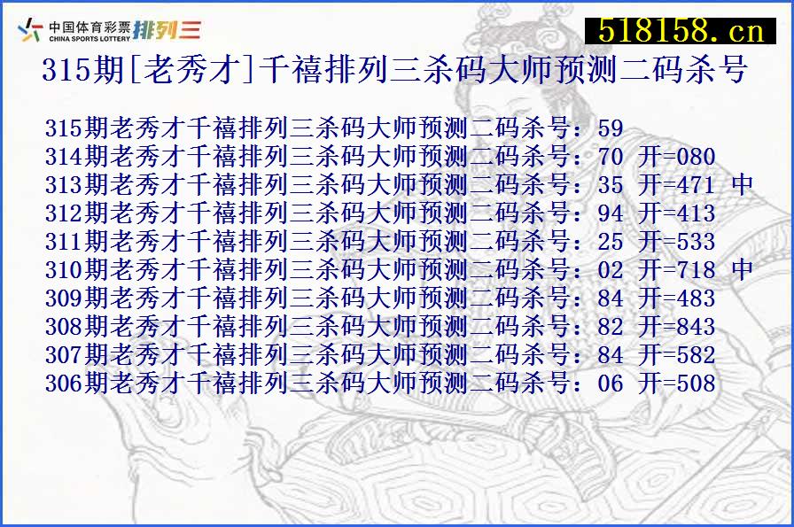 315期[老秀才]千禧排列三杀码大师预测二码杀号