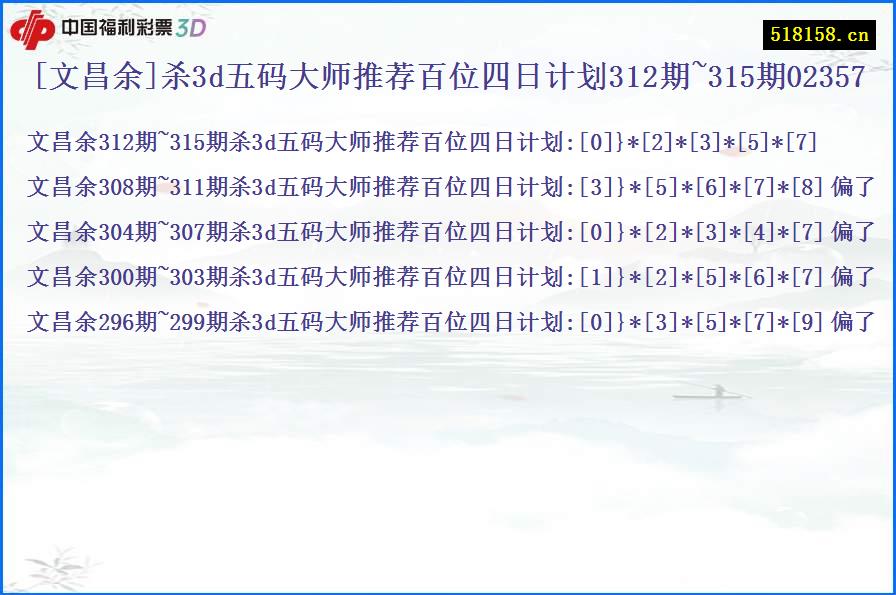 [文昌余]杀3d五码大师推荐百位四日计划312期~315期02357