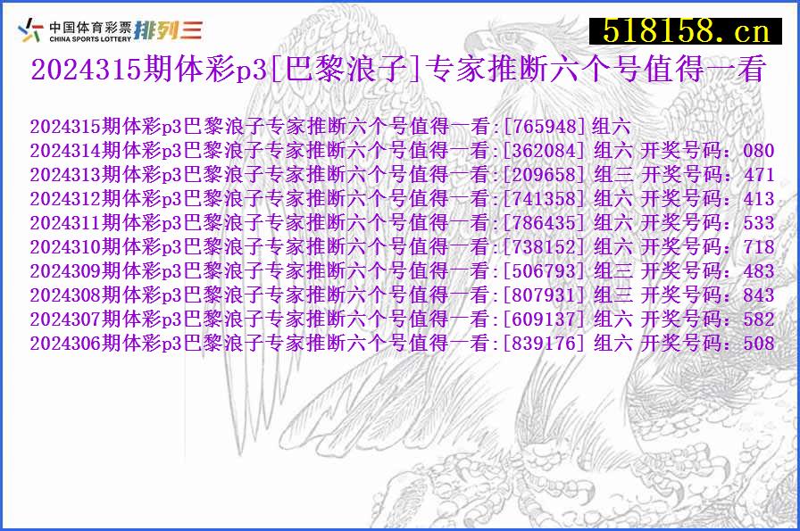 2024315期体彩p3[巴黎浪子]专家推断六个号值得一看