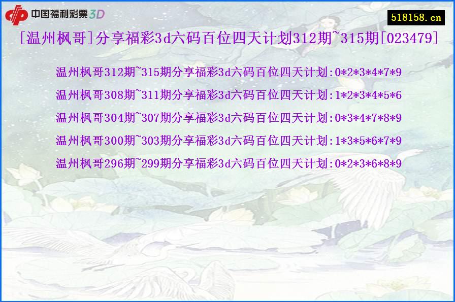 [温州枫哥]分享福彩3d六码百位四天计划312期~315期[023479]