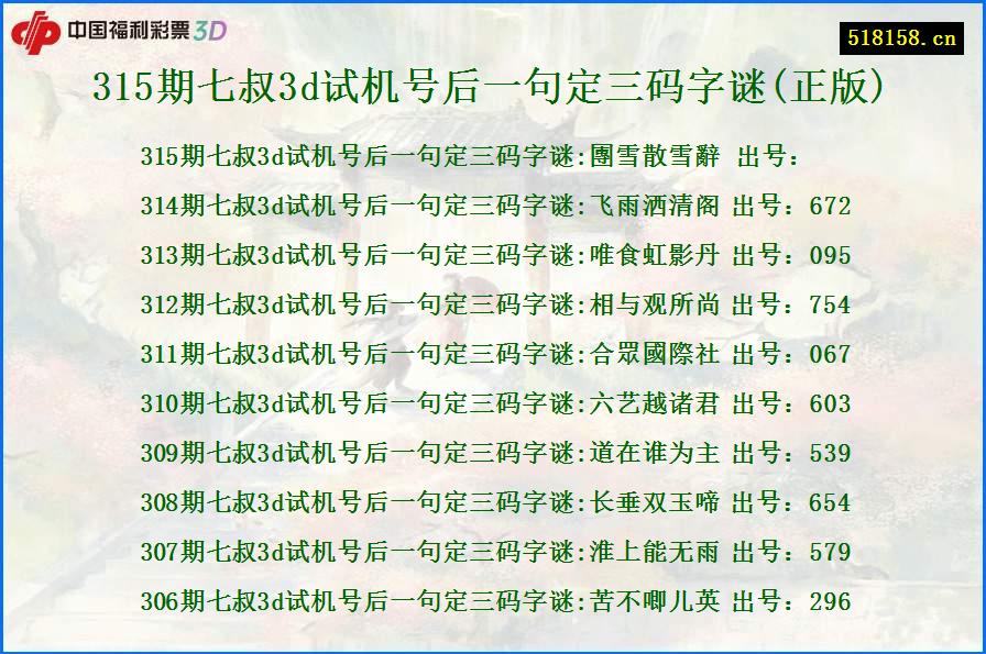 315期七叔3d试机号后一句定三码字谜(正版)