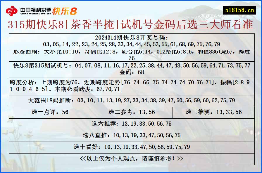 315期快乐8[茶香半掩]试机号金码后选三大师看准