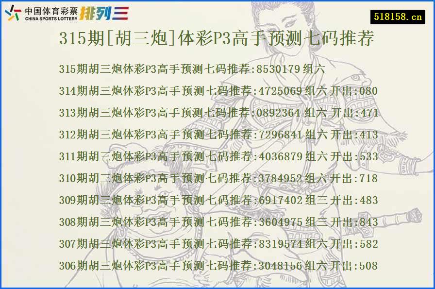 315期[胡三炮]体彩P3高手预测七码推荐