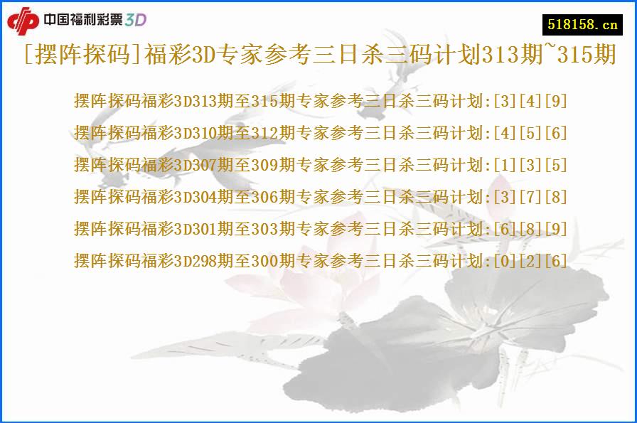 [摆阵探码]福彩3D专家参考三日杀三码计划313期~315期