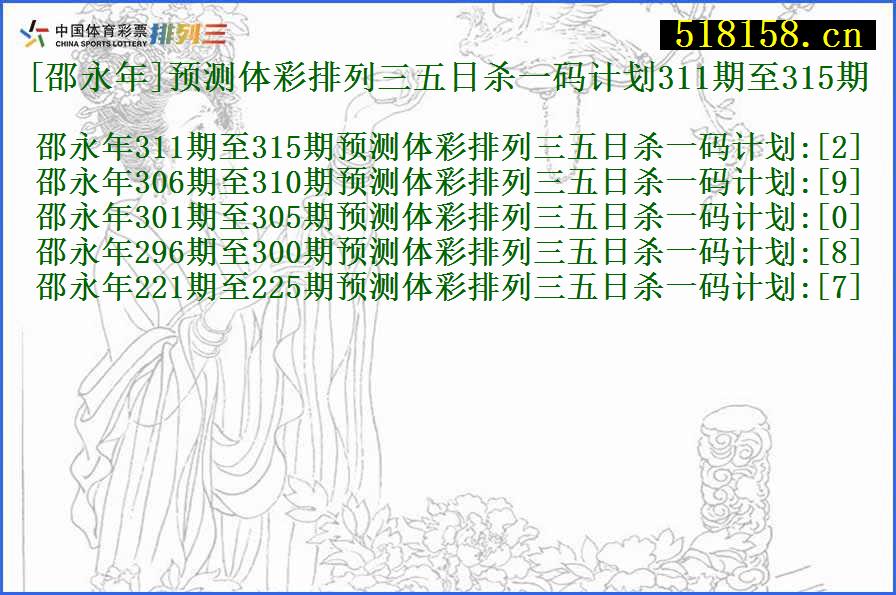 [邵永年]预测体彩排列三五日杀一码计划311期至315期