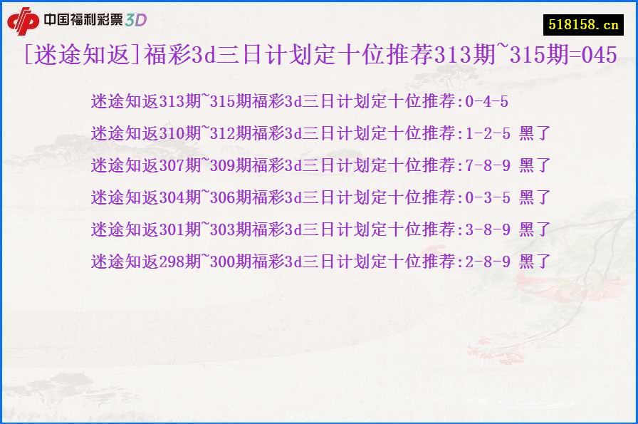 [迷途知返]福彩3d三日计划定十位推荐313期~315期=045