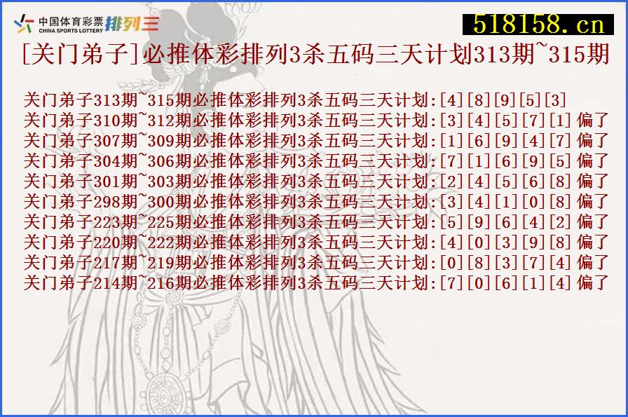 [关门弟子]必推体彩排列3杀五码三天计划313期~315期