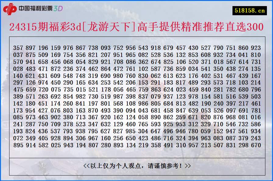 24315期福彩3d[龙游天下]高手提供精准推荐直选300