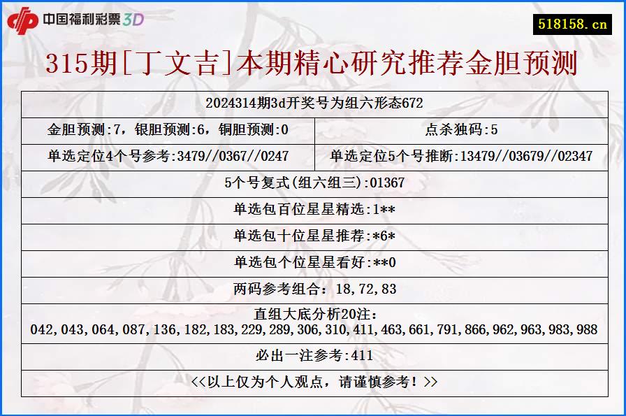 315期[丁文吉]本期精心研究推荐金胆预测