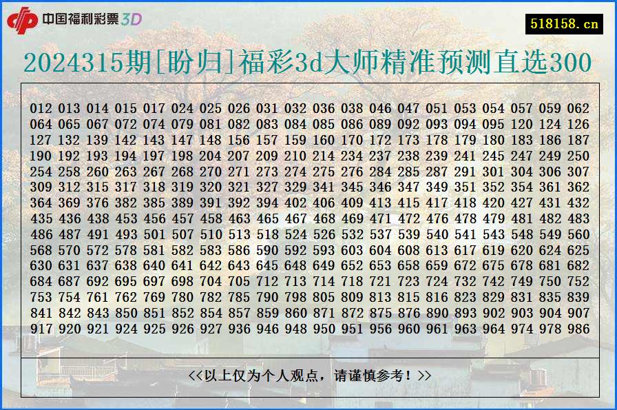 2024315期[盼归]福彩3d大师精准预测直选300