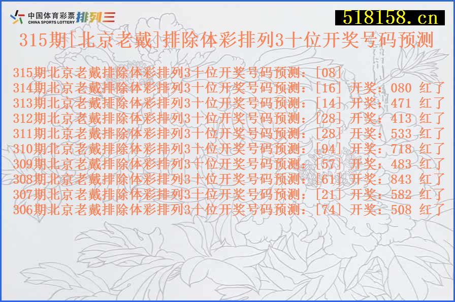 315期[北京老戴]排除体彩排列3十位开奖号码预测