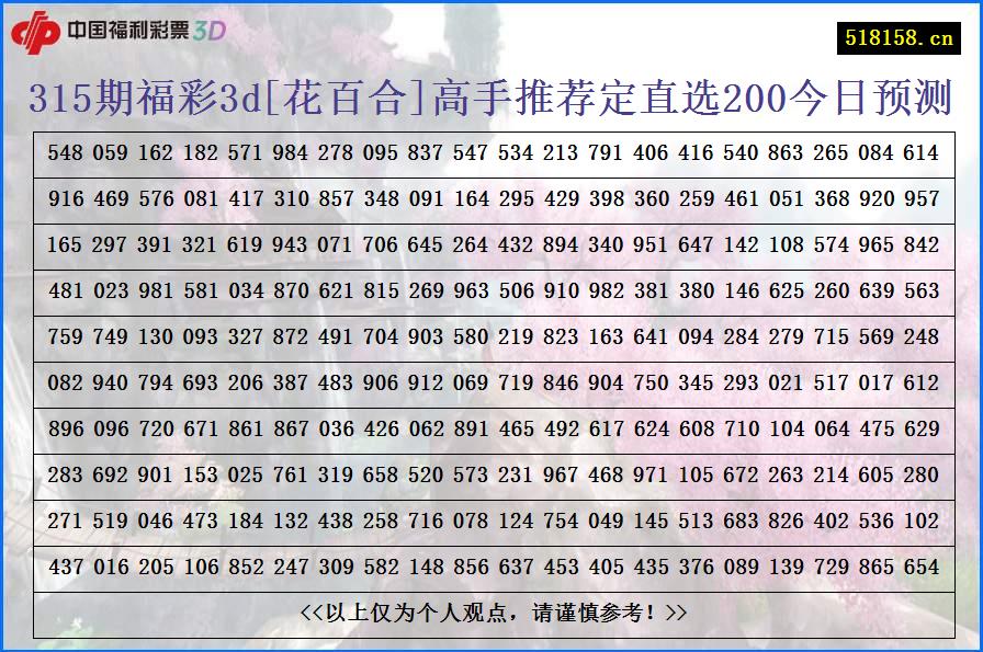 315期福彩3d[花百合]高手推荐定直选200今日预测