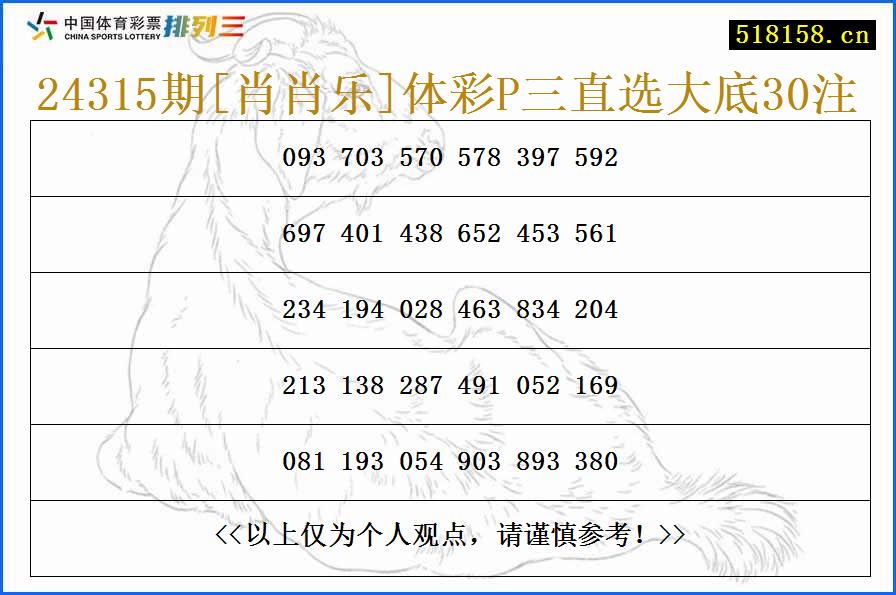 24315期[肖肖乐]体彩P三直选大底30注