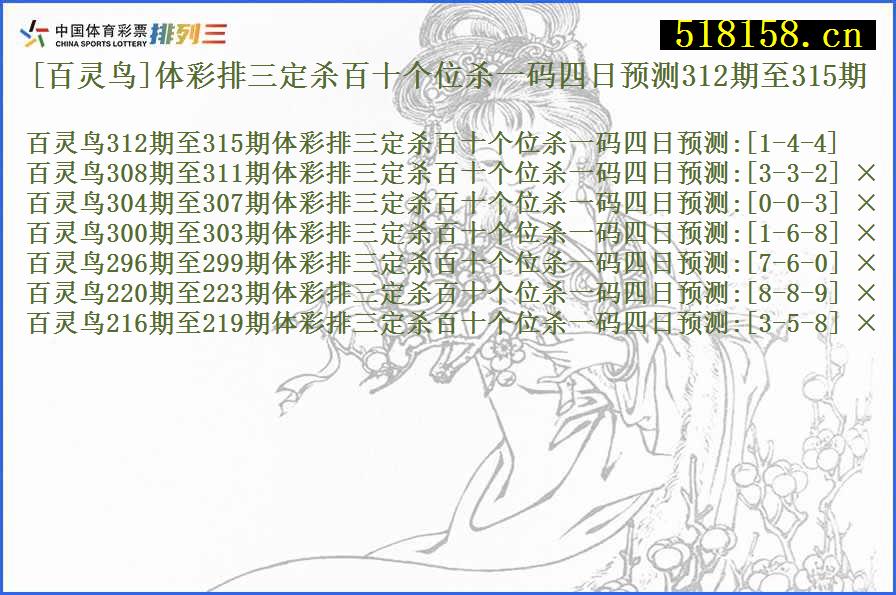 [百灵鸟]体彩排三定杀百十个位杀一码四日预测312期至315期