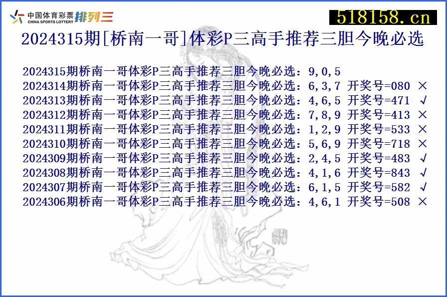 2024315期[桥南一哥]体彩P三高手推荐三胆今晚必选