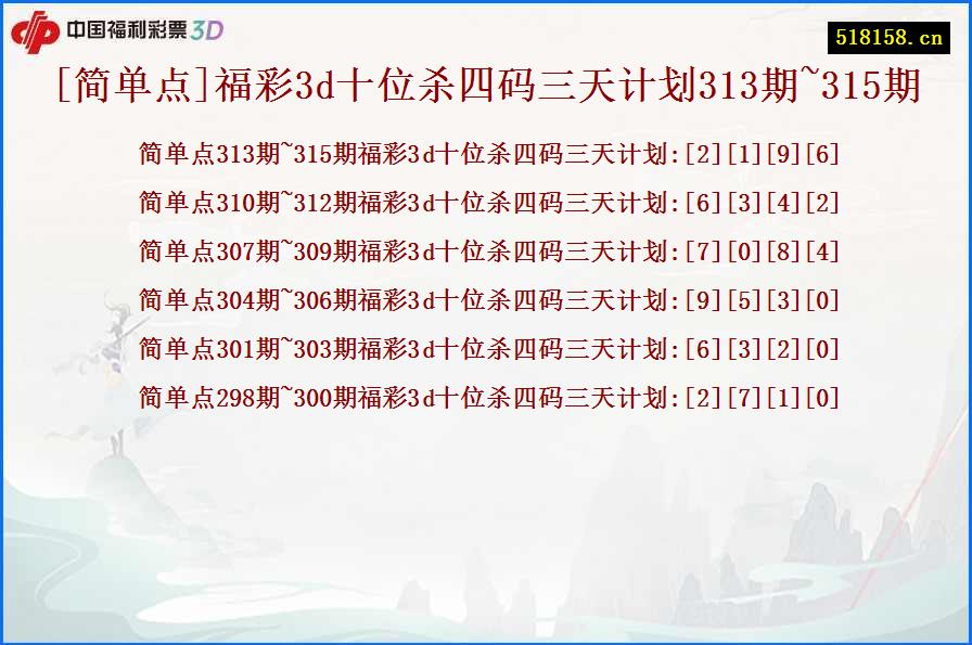 [简单点]福彩3d十位杀四码三天计划313期~315期