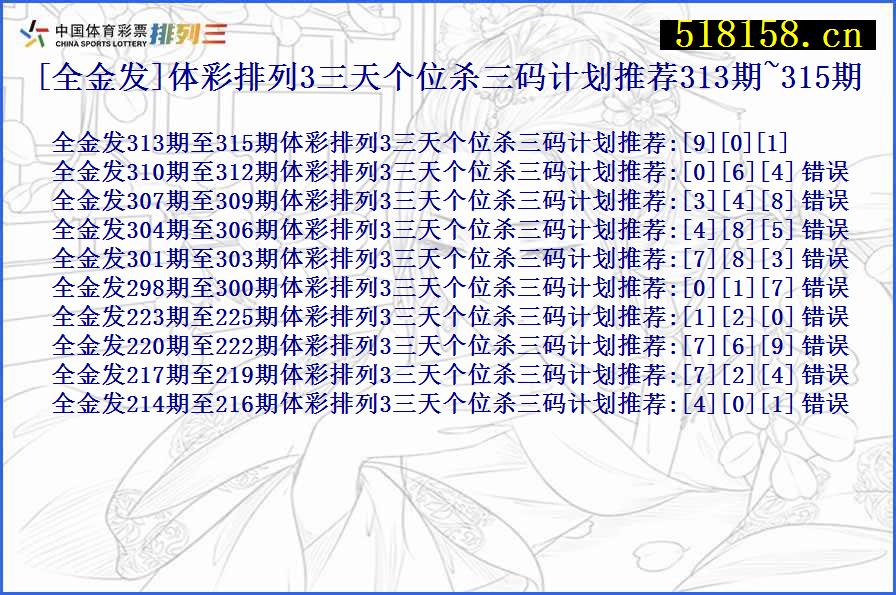 [全金发]体彩排列3三天个位杀三码计划推荐313期~315期