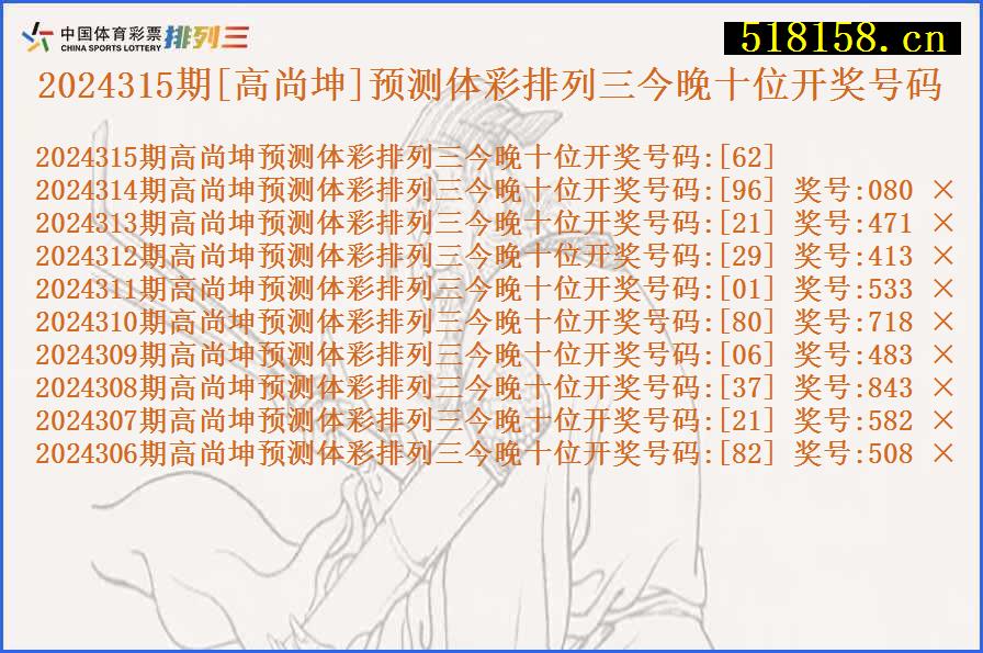 2024315期[高尚坤]预测体彩排列三今晚十位开奖号码