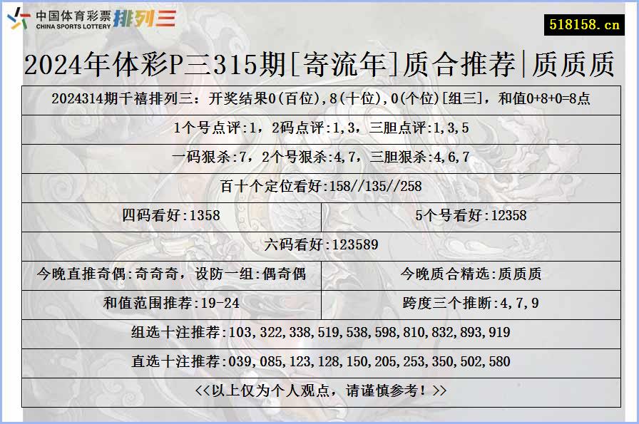 2024年体彩P三315期[寄流年]质合推荐|质质质